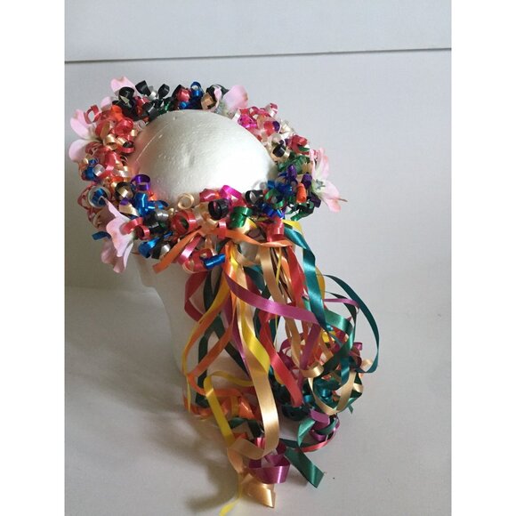 Flower Crown with Pink and Green Flowers Halo Boho Multi Colored Ribbons Flower